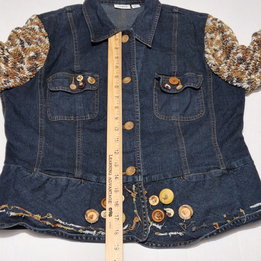Denim Jacket Knit Long Sleeves Buttons Eclectic Bohemian Retro Thick Stitch L - Picture 8 of 12